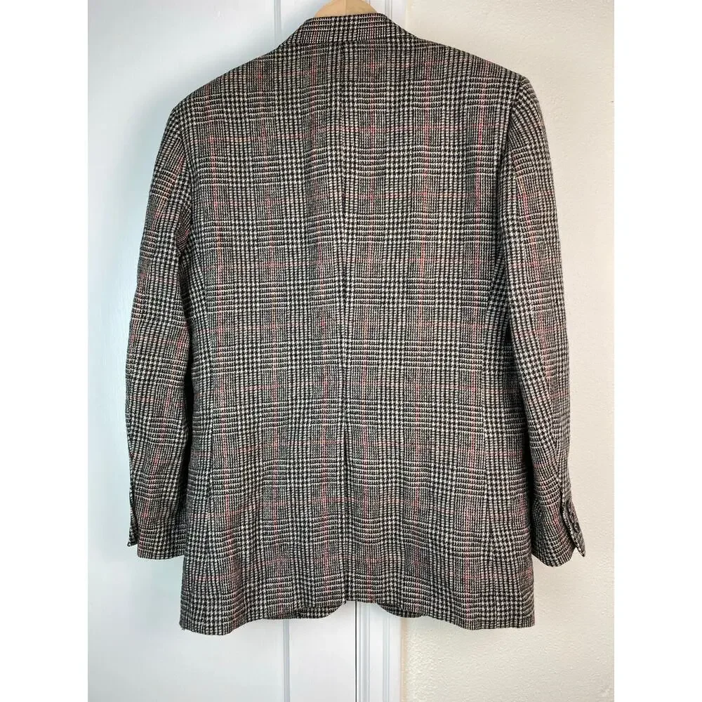 Bronzini Men's 40R Lined 100% Wool Black Red Classic Plaid‎ Blazer *